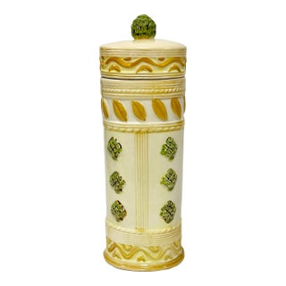 1980s Vintage Italian Mediterranean Artichoke Motif Lidded Oval Ceramic Tall Pasta Canister For Sale