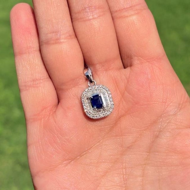 Contemporary Radiant Emerald-Cut Deep Blue Sapphire & Diamond Halo Pendant in 14k Gold For Sale - Image 3 of 14