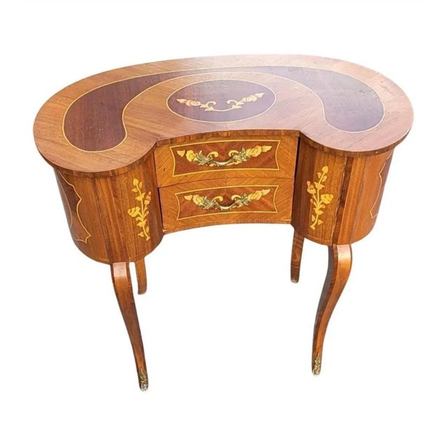 1940s Two-Drawer Continental Marquetry Mahogany Kidney Dressing Table For Sale - Image 9 of 11
