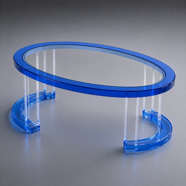 A modern oval coffee table crafted from transparent blue acrylic with clear supporting legs and curved base details. The...