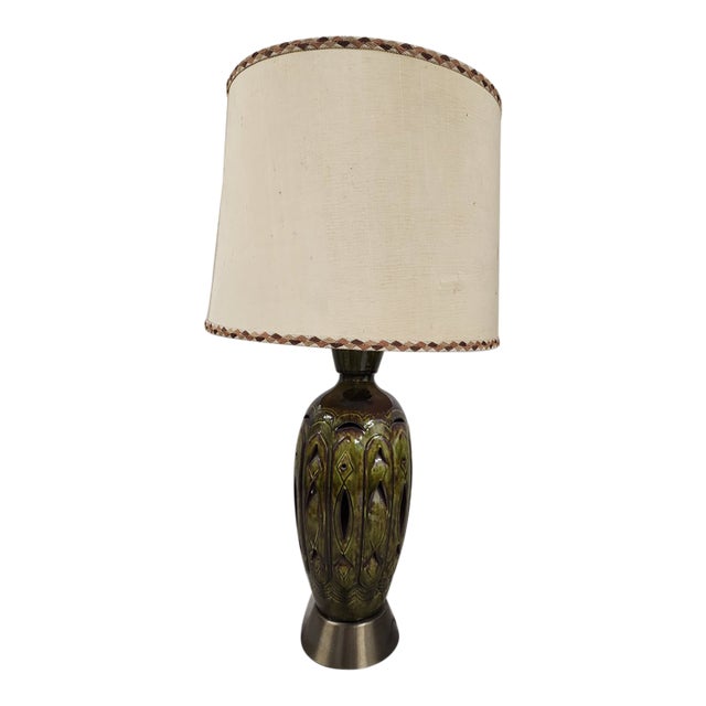 1960s Mid Century Modern Green Ceramic Lamp With Original Shade For Sale