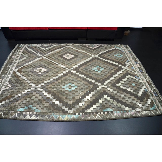 Coffee Vintage Aztec Turkish Handwoven Kilim Rug For Sale - Image 8 of 11