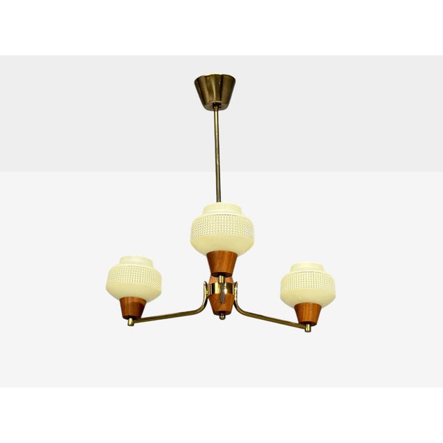 Swedish Modern, Pendant Light, Brass Teak, Textured Glass, Sweden, 1950s For Sale - Image 4 of 9