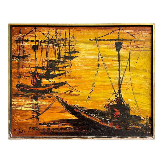 1940s Nautical Oil Painting of Fishing Boats, Framed For Sale