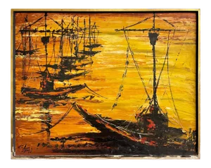 1940s Nautical Oil Painting of Fishing Boats, Framed