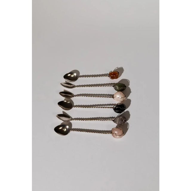 1970s Mid-Century Demitasse Spoon Set With Stones- Set of 6 For Sale - Image 6 of 10