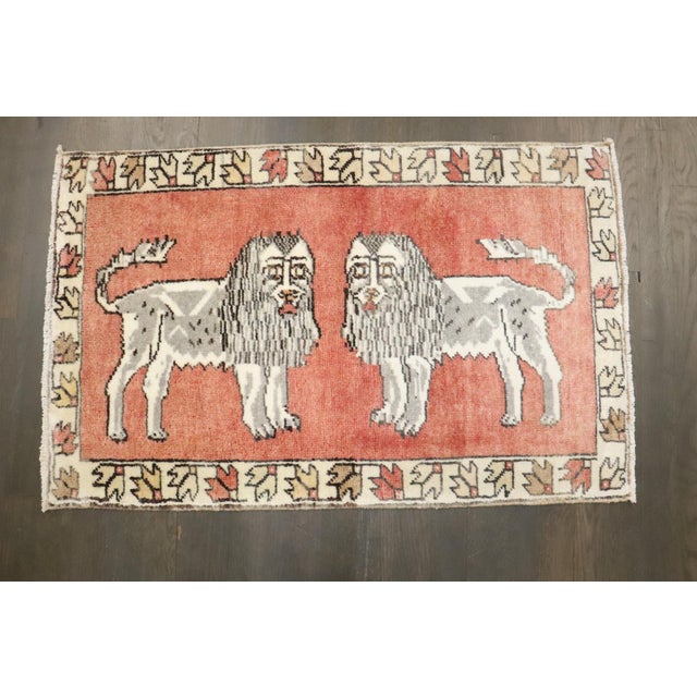 Turkish Mid 20th Century Pair of Lion Turkish Small Mats rug no. j4706 For Sale - Image 3 of 6