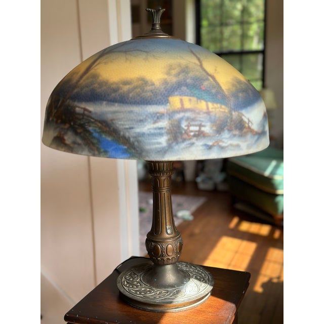 Early 20th Century Pittsburgh Reverse-Painted Winter Landscape Table Lamp – 17" Shade For Sale - Image 12 of 17