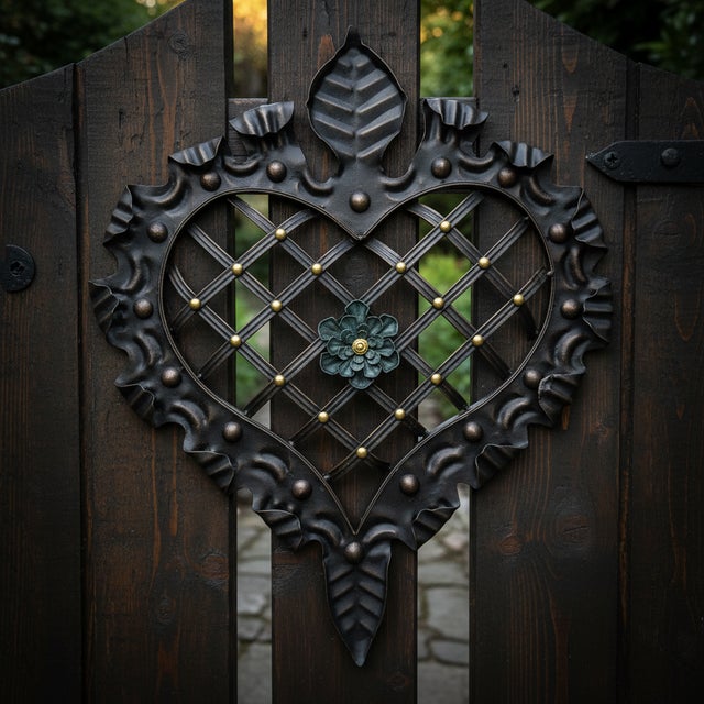 Rustic Hand-Forged Wrought Iron Heart Wall Decor (Ruffled Edge & Lattice Design) Antique Copper Finish For Sale - Image 3 of 9