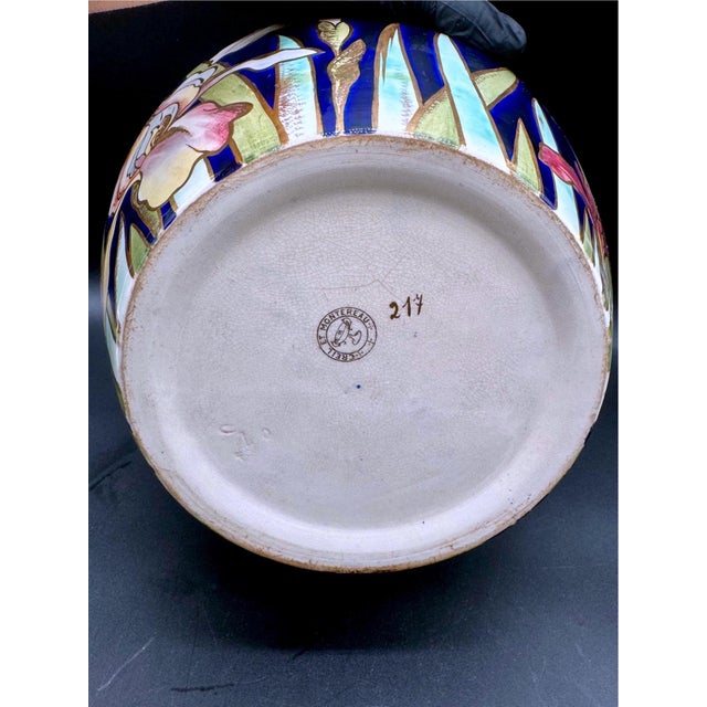 Blue Early 20th Century French Art Nouveau Enameled Faience Planter Vase, Creil Et Montereau For Sale - Image 8 of 11