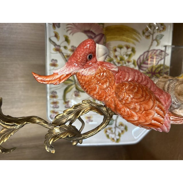 Coral Parrot Candlestick in Porcelain and Straight Bronze by Gand & C For Sale - Image 4 of 5