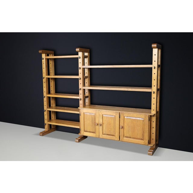 Large Brutalist Modular Shelving Unit in Oak with Metal Pegs and Cabinet, Belgium, 1960 For Sale - Image 13 of 17