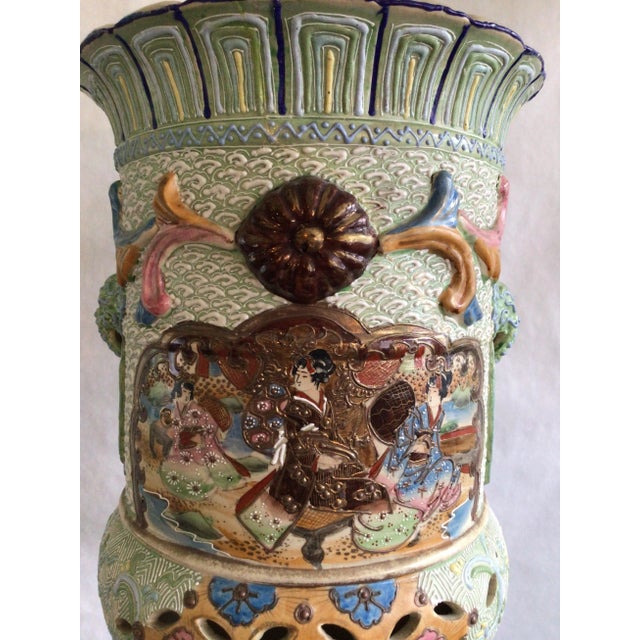 1920s 1920s Satsuma Style Ceramic Umbrella Stand With Painted and Raised Motifs For Sale - Image 5 of 12