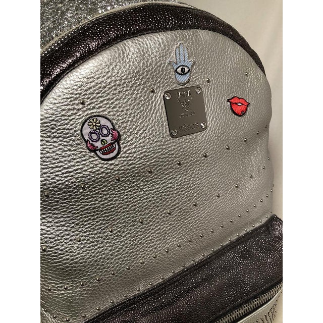Silver MCM Special Edition Silver Leather Swarovski Crystal Backpack with Rabbit Charm For Sale - Image 8 of 11