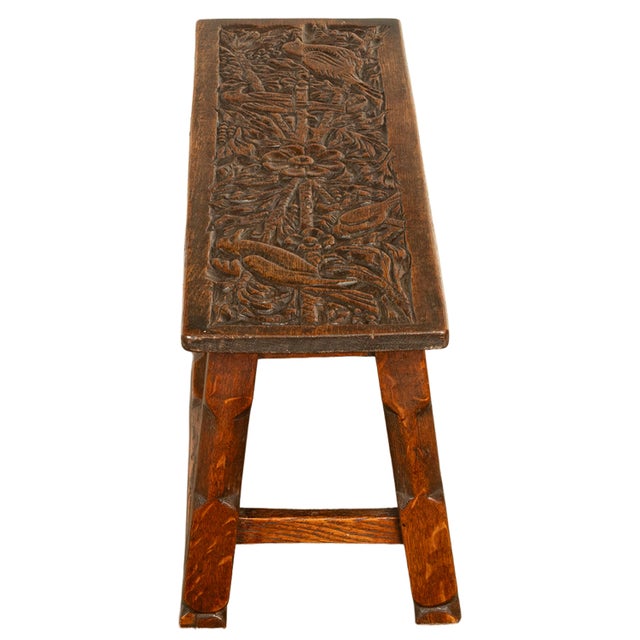 Antique English Carved Oak Arts & Crafts Hall Bench Seat 'Birds in a Tree' 1900 For Sale - Image 11 of 14
