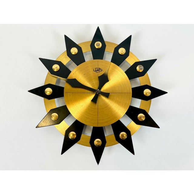 Metal German Brass Sunburst Wall Clock from UPG Halle, 1970s For Sale - Image 7 of 7