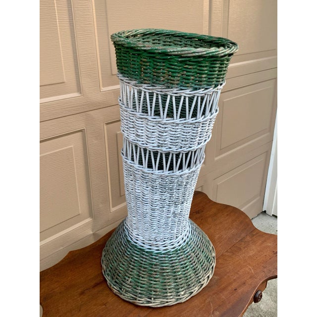 Antique Painted Wicker Umbrella Basket With Green and White Surface For Sale In South Bend - Image 6 of 12