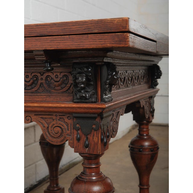 Antique Renaissance Revival Extendable Oak Table With Carved Masks and Ornate Detailing For Sale In Greensboro - Image 6 of 9