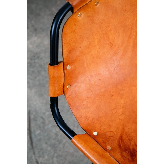 1960s Mid Century Modern Bar Stools Set 3 Cognac Tan Leather Charlotte Perriand Arcs For Sale - Image 11 of 12