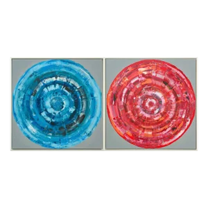 Blue and Red Circles on Gray, Set of 2, Contemporary Paintings on Canvas, Framed