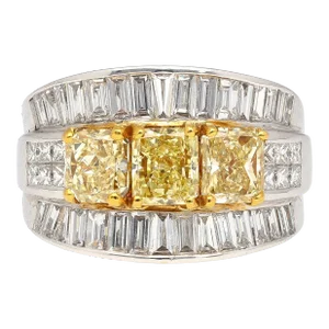 3.28 Carat Radiant Cut Fancy Yellow Diamond 3-Stone Cluster Band Ring, Size 6.5