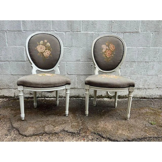 19th Century Pair Antique Louis XVI Style White Painted Upholstered Side Chairs For Sale - Image 11 of 12