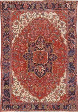 Antique Heriz Rug With Stylized Central Medallion Set on Tomato Red Field