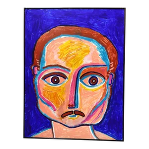 Vintage Modernist Blue Portrait of Man Painting Acrylic on Board Framed 26x34