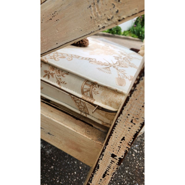 Vintage French Country Distressed Cream Painted Carved Wood Settee With Custom Toile Cushion For Sale - Image 9 of 15
