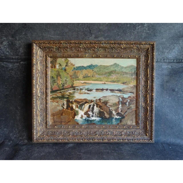 Oil on board mounted on board. Board measures 13" x 16", frame 18" x 21 1'2". We are enthralled by this painting, the...