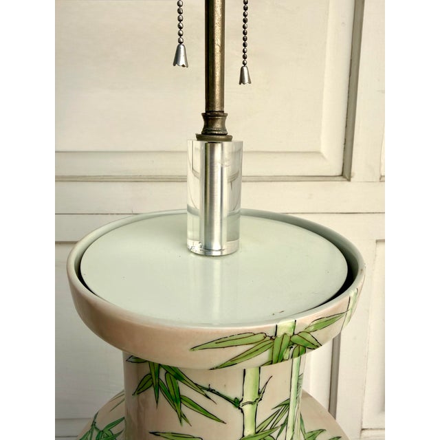 Chinoiserie Vintage Hand-Painted Chinoiserie Butterfly Porcelain Table Lamp on Lucite Base For Sale - Image 3 of 12