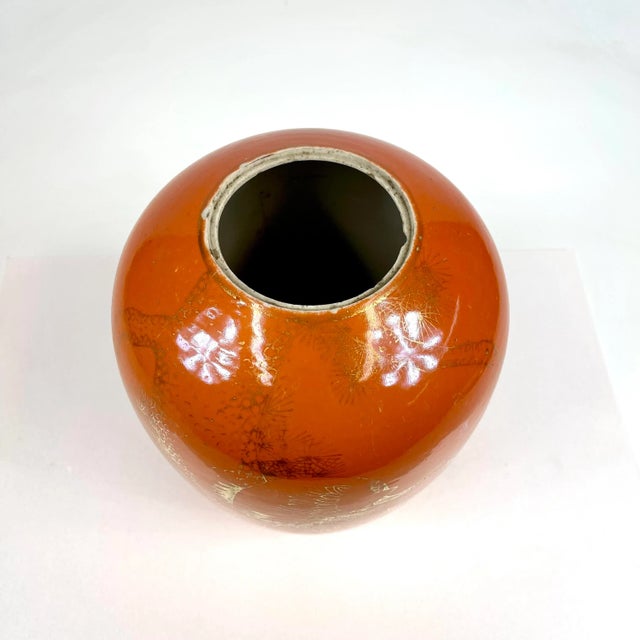 Orange 19th Century Chinese Orange Porcelain Vase With Crane on a Pine Tree For Sale - Image 8 of 10