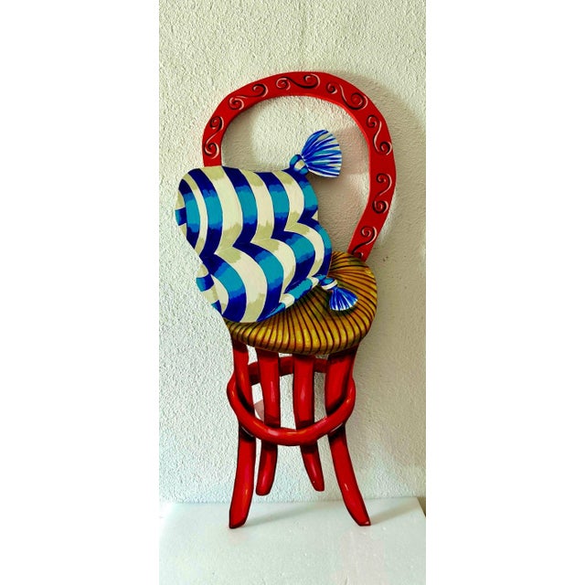 Amanda Watt, Pop Art Painting Carved Wall Sculpture Amanda Watt Thatched Chair Vibrant Color, 1996 For Sale - Image 4 of 11