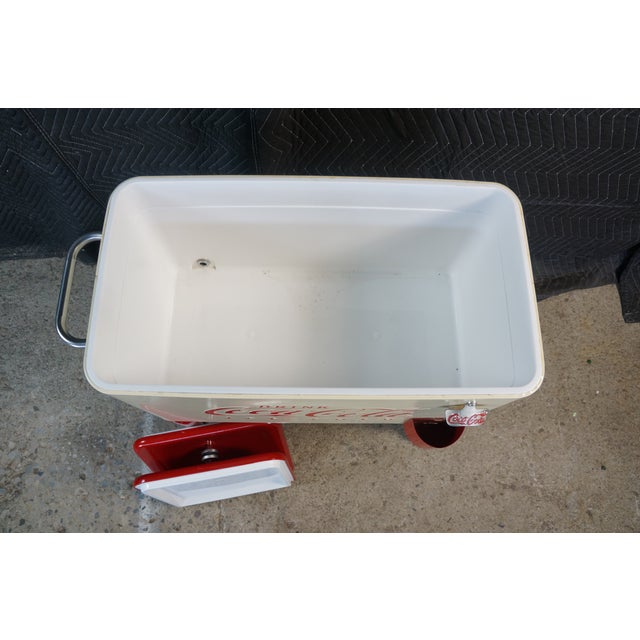 Vintage Style 60 Qt Coca-Cola Rolling Patio Cooler Cream & Red Ice Chest Cart For Sale - Image 11 of 18