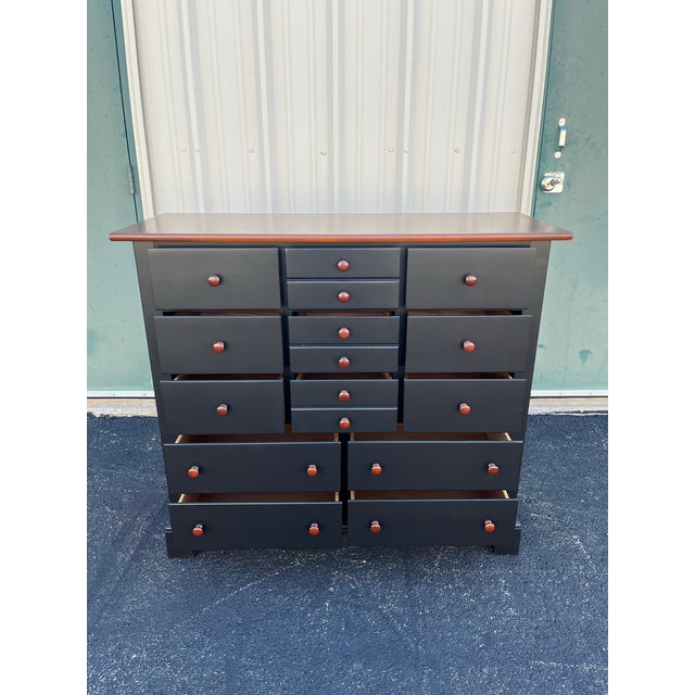 1990s Stanley Furniture 13-Drawer Black and Cherry Tall Chest of Drawers With Dressing Mirror For Sale - Image 6 of 12