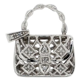Mid 20th Century 14k Yellow Gold Diamond Purse Charm Pendant  Open Handbag Design For Sale