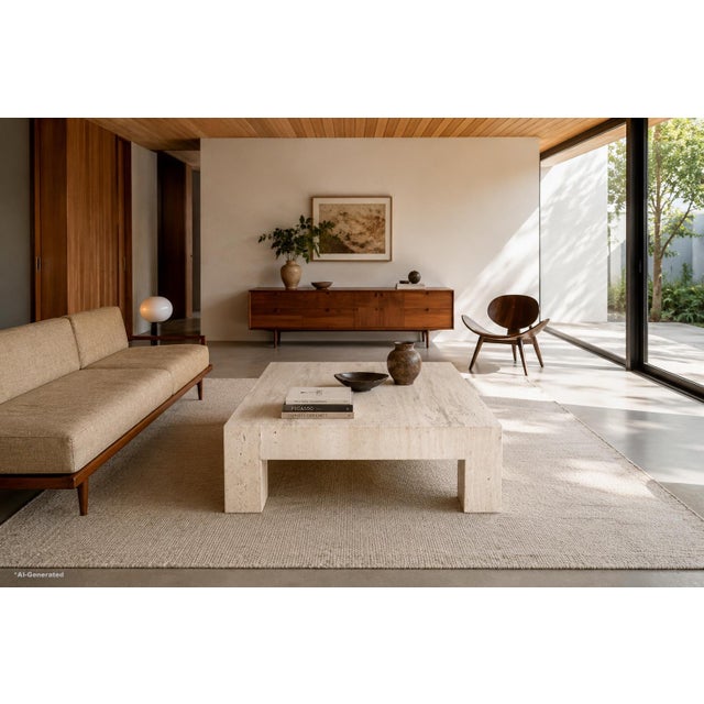 Vintage Italian modern travertine coffee table crafted in Italy during the 1970s. Bold in scale yet remarkably refined,...