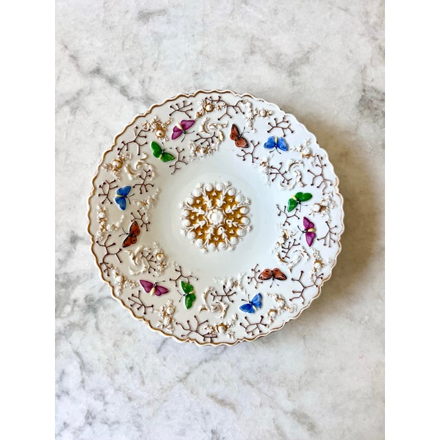 Victorian Antique Meissen Porcelain Butterfly Plate With Gilt & Raised Floral Relief, 8.5” For Sale - Image 3 of 3