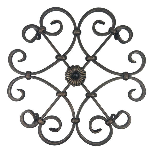 Hand-Forged Wrought Iron Wall Decor (Symmetrical Scroll & Rosette) 3D Architectural Wall Art For Sale