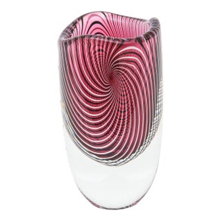 Vintage Murano Archimede Seguso Blown Glass Pink, Raspberry, White and Black Spiral Optic Glass Vase Vase For Sale