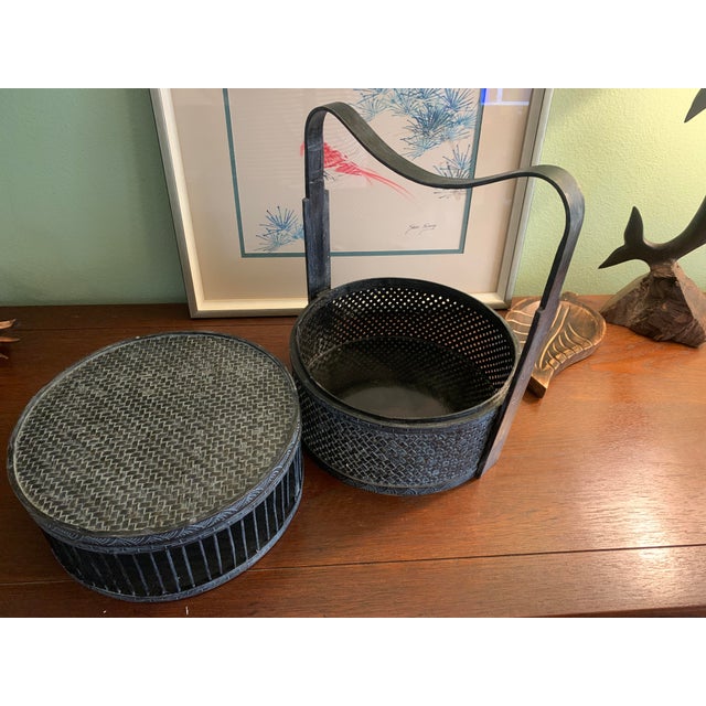 Chinese Antique Chinese Wedding Basket, Bamboo & Lacquer, Sculptural Swing Handle For Sale - Image 3 of 11