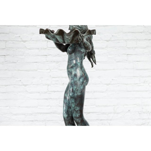 1960s Bronze Sea Nymph Fountain with Large Shell and Turtle in Verdigris Patina For Sale - Image 9 of 17