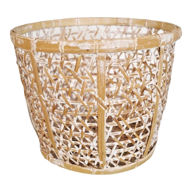 Vintage Bamboo White Wash Coastal Basket Small For Sale