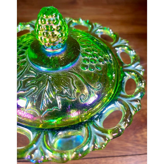 Mid 20th Century Colony Harvest Carnival Green Glass Footed Candy Dish & Lid For Sale - Image 5 of 8