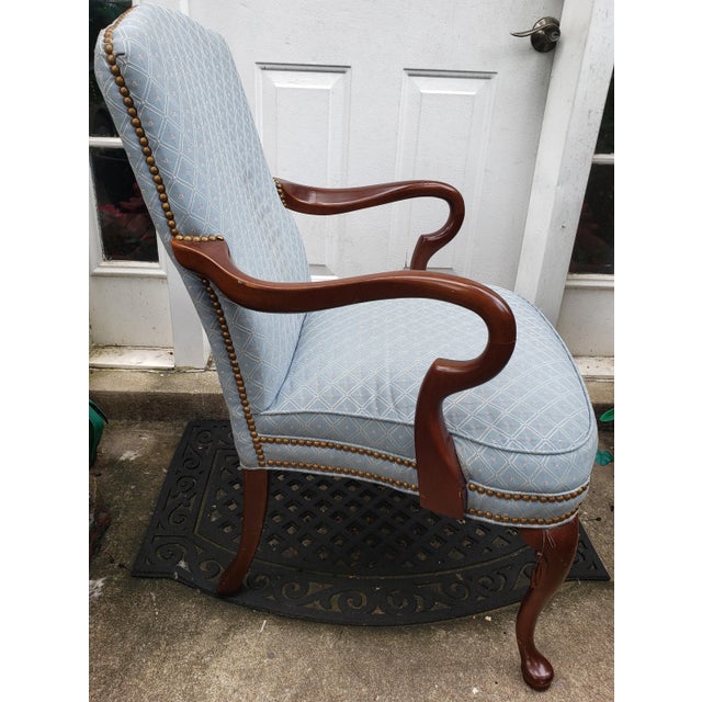 American 1970s Vintage Upholstered Mahogany Arm Chair With Nail Trim Ca For Sale - Image 3 of 8