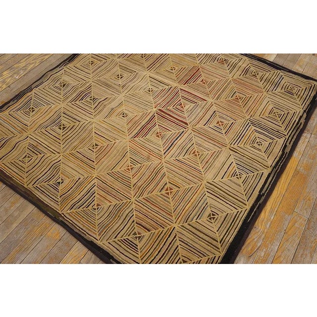 American 1890s Camel Log Cabin Folk Art American Hooked Rug 4' 5' 'X 4' 5'' Wowen Wool Carpet For Sale - Image 3 of 13