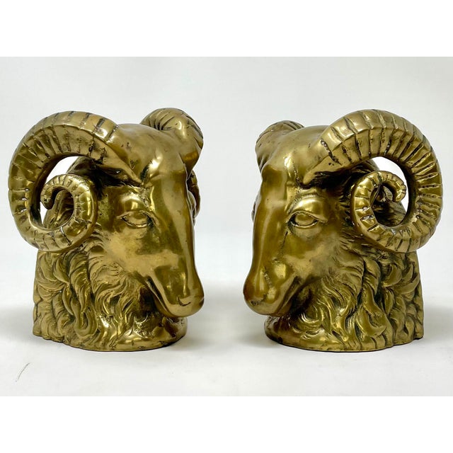 Vintage Hollywood Regency Brass Rams Head Bookends - Set of 2 For Sale - Image 12 of 12