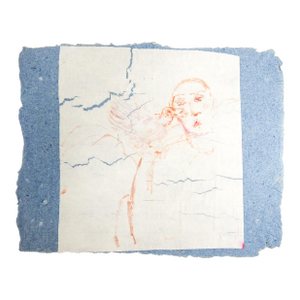Late 20th Century Handmade Paper Modernist Woman and Bird Drawing