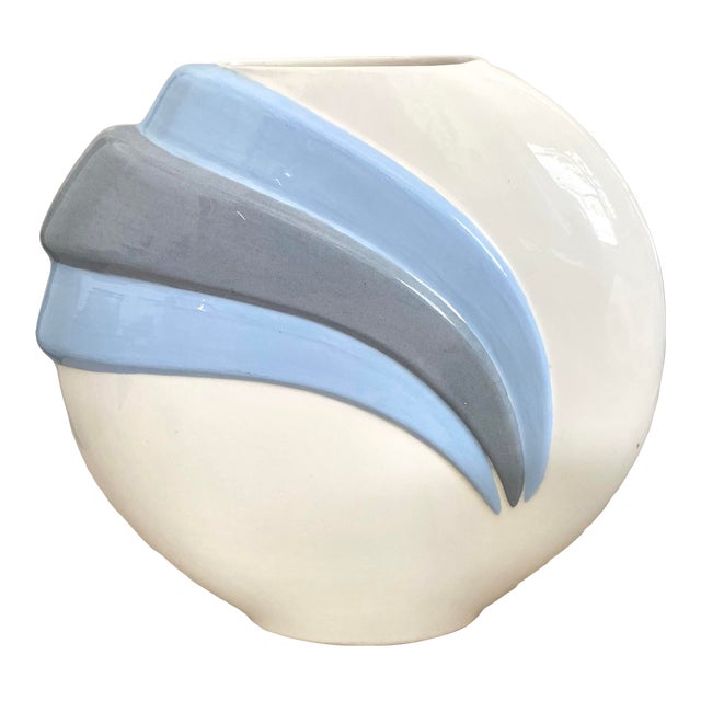 Vintage 1980s Postmodern Round Flat Art Deco Style Ceramic Vase (Signed) For Sale