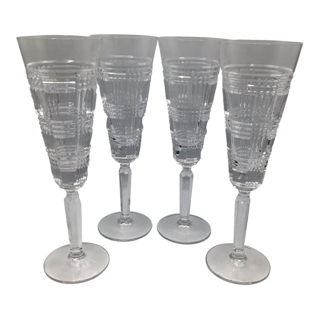 1990s Ralph Lauren Classic Crystal Glen Plaid Champagne Flutes - Set of 4 For Sale
